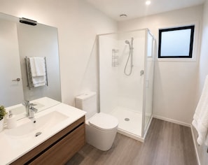 Shower, hair dryer, towels, soap