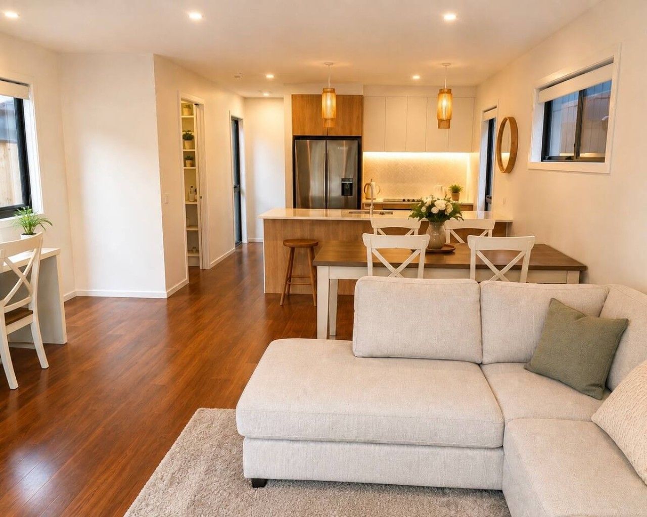 A modern living room with a sofa, a dining table, and a kitchen area in the background.
