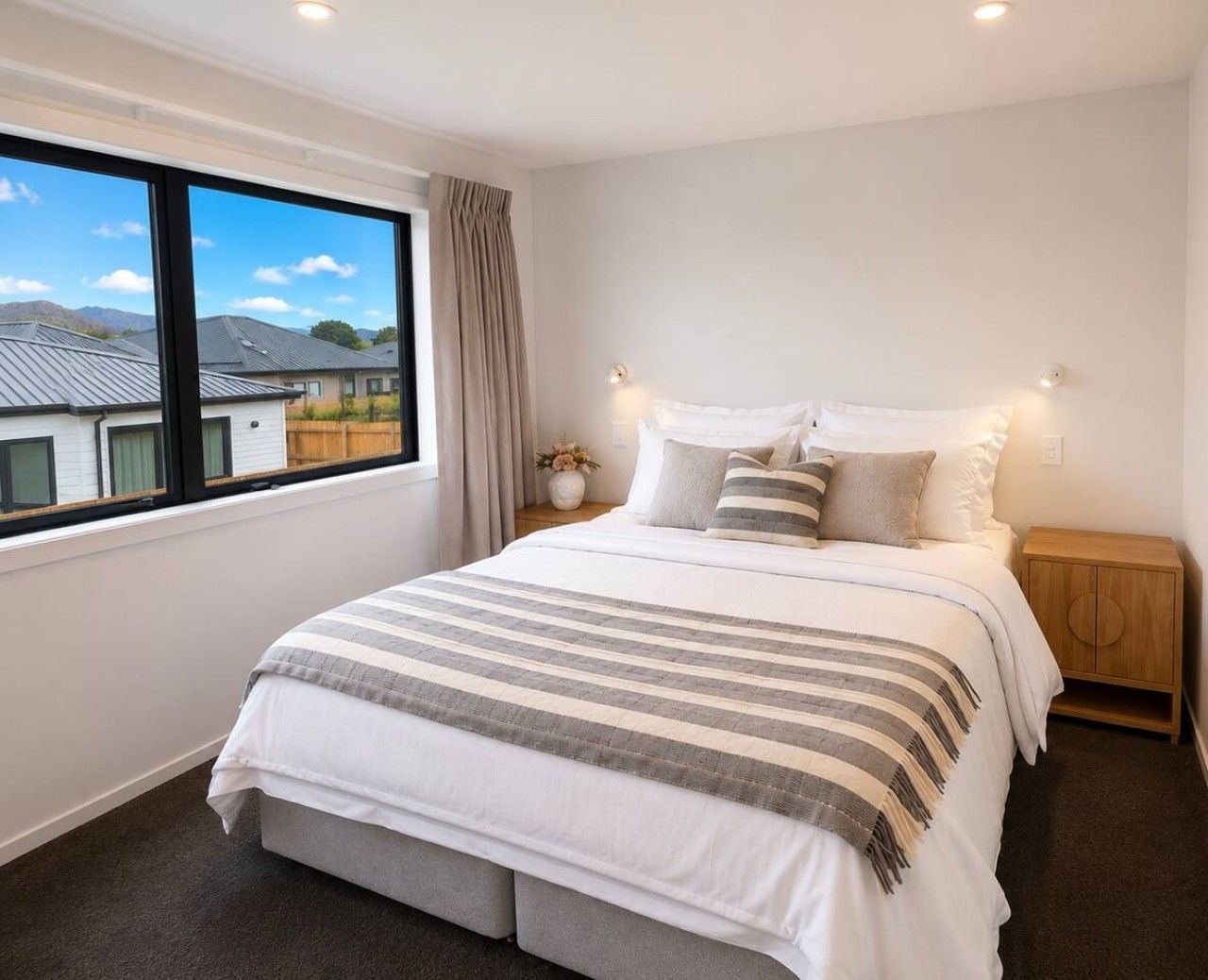 Un dormitorio con una cama grande, una ventana con vistas a casas, una mesita de noche con una lámpara y una mesilla.