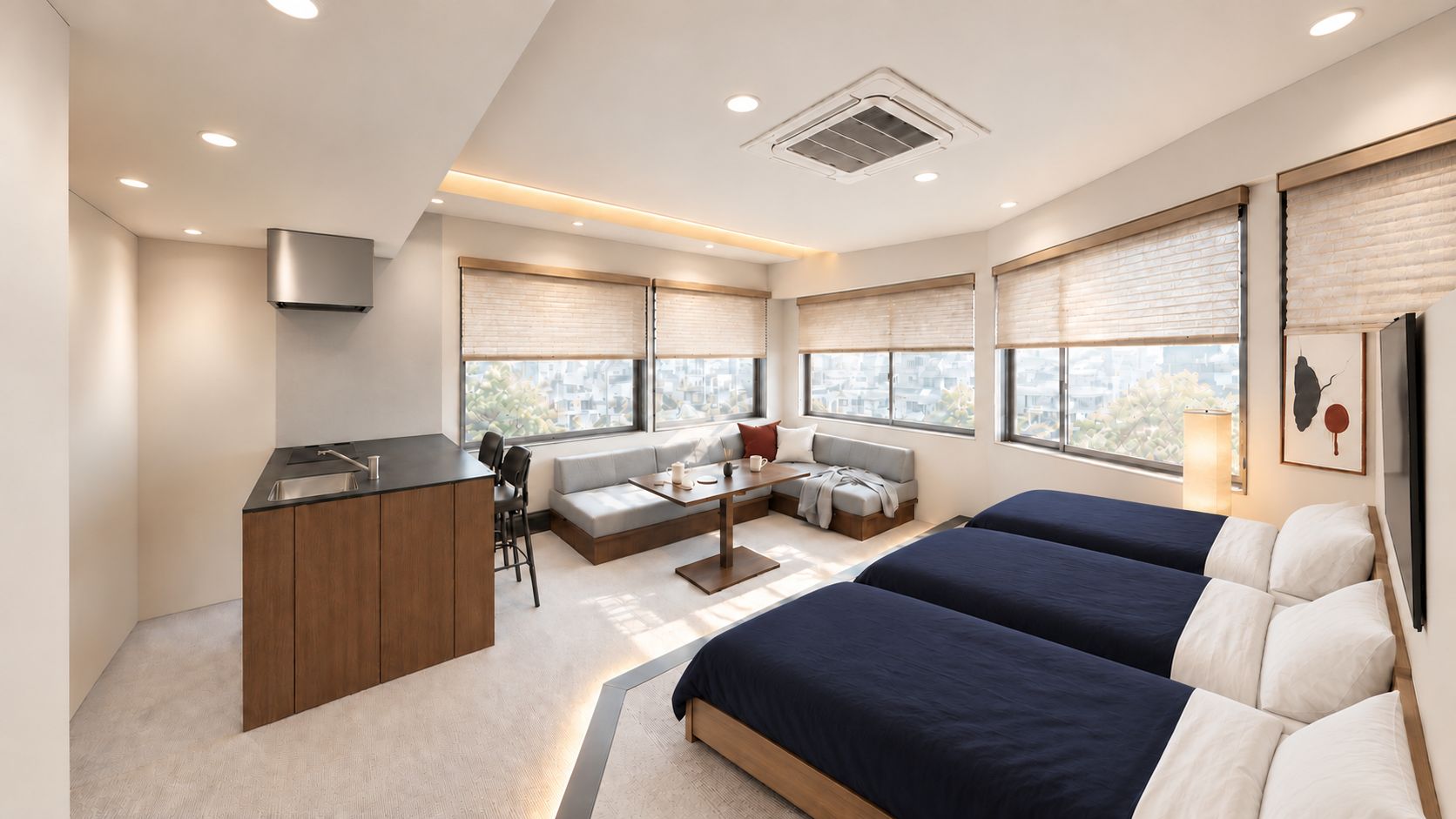 A modern hotel room with a kitchenette, a seating area with a sofa and chairs, two beds, large windows with blinds, and a ceiling vent.
