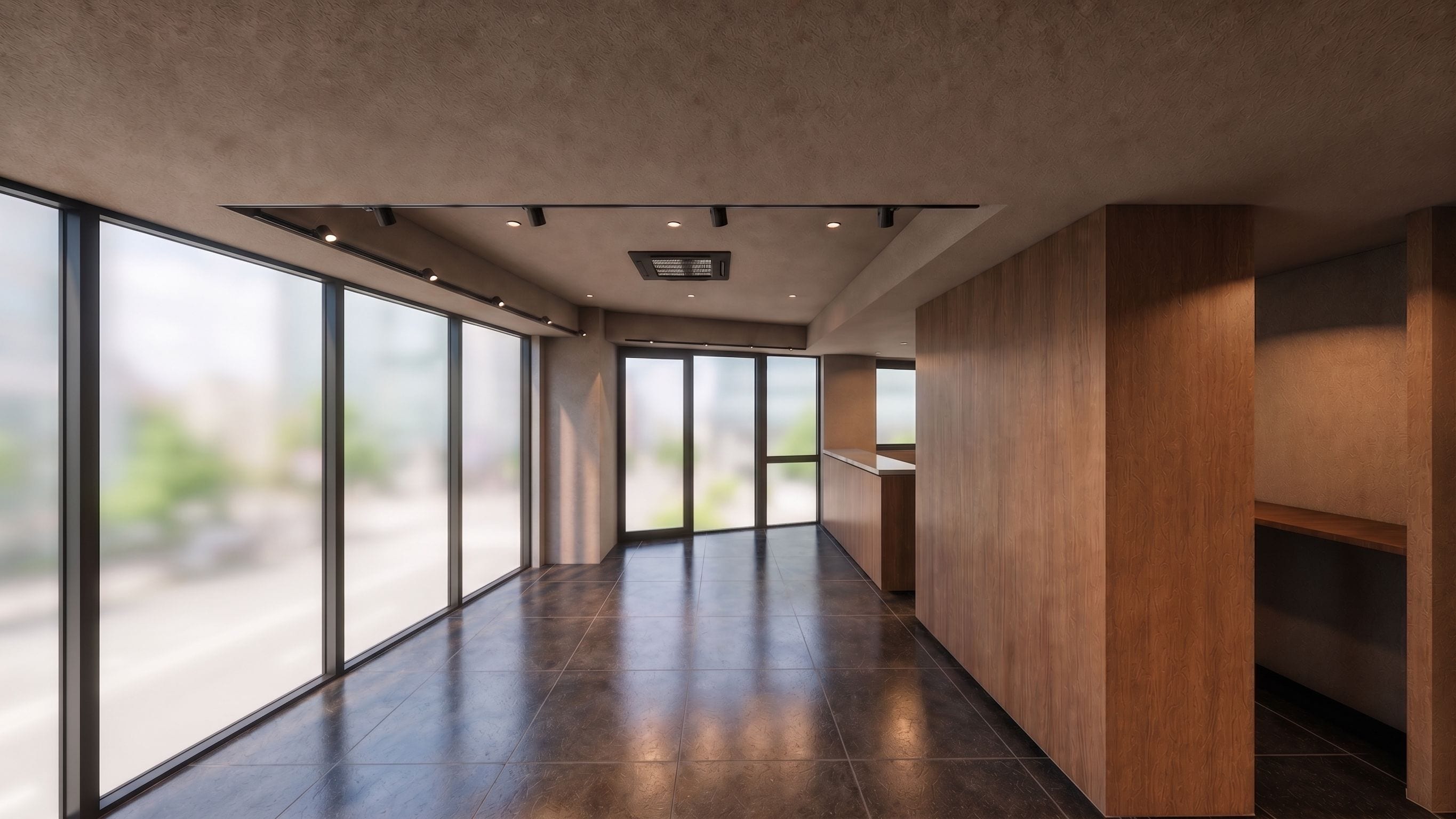 Un hall d  ’entrée moderne avec de grandes fenêtres, un comptoir d’accueil en bois et un éclairage encastré.