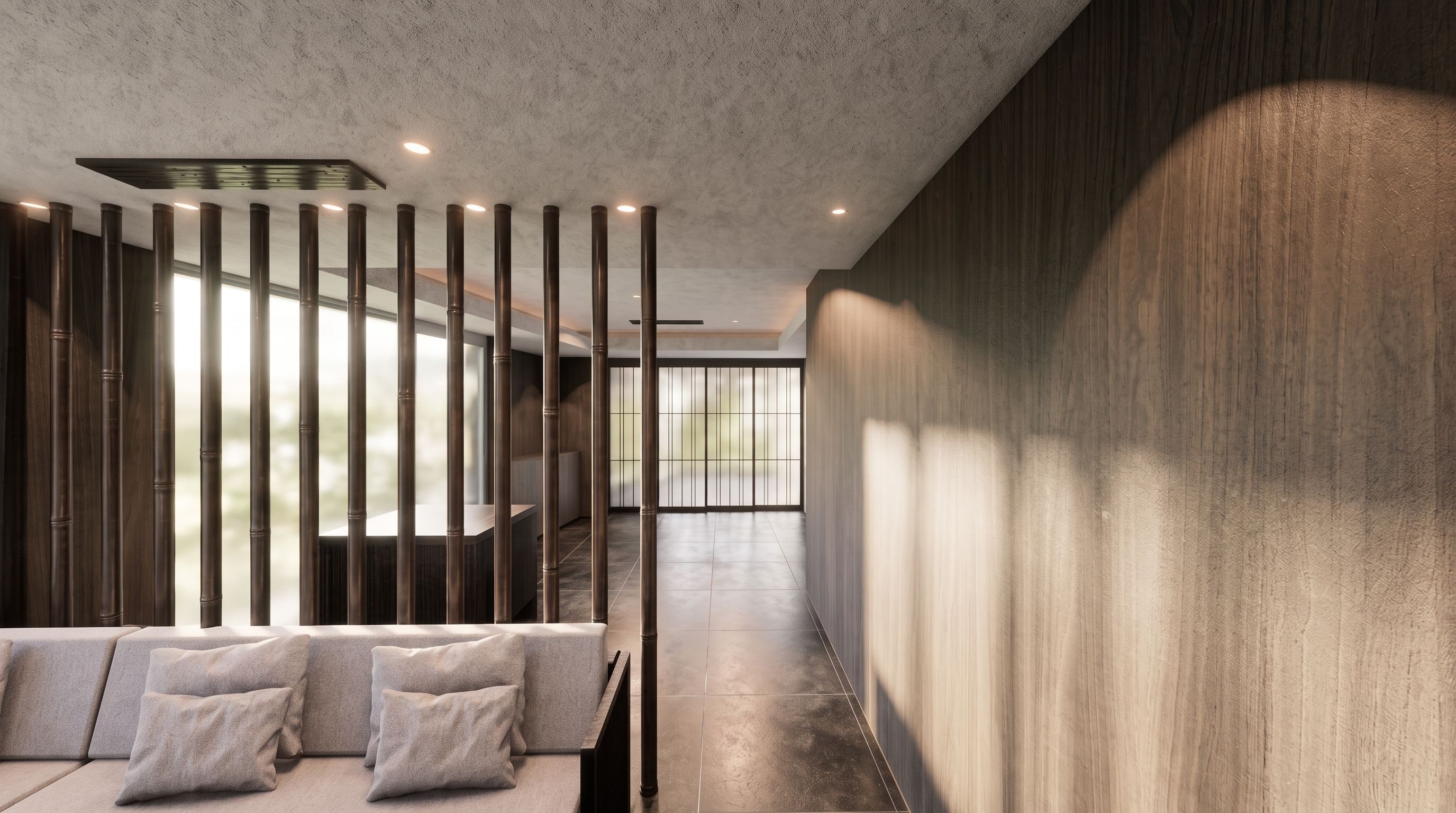 A modern interior with a seating area, a high ceiling, and a view through a partition.