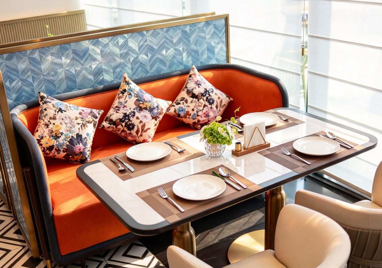 A dining area with a table set for two, a sofa with floral cushions, and a decorative vase with greenery.