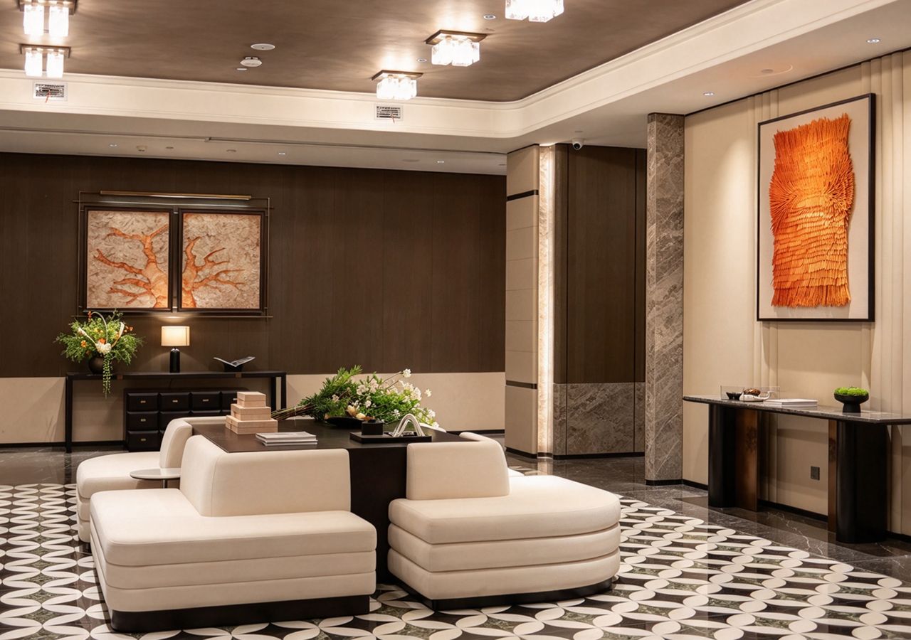 A modern lobby with a reception desk, two sofas, a patterned floor, and artwork on the walls.