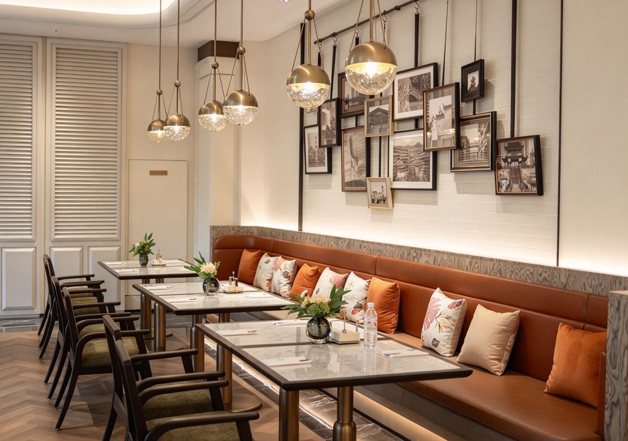 A hotel dining area with multiple tables, a long bench, and wall-mounted artwork.