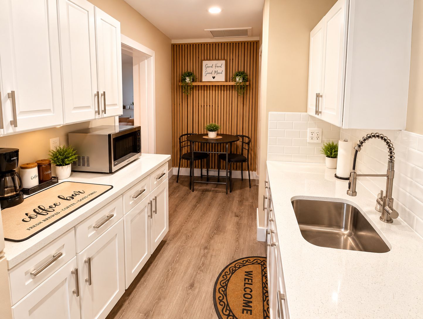 A kitchen with white cabinets, a stainless steel sink, a microwave, and a coffee bar sign.