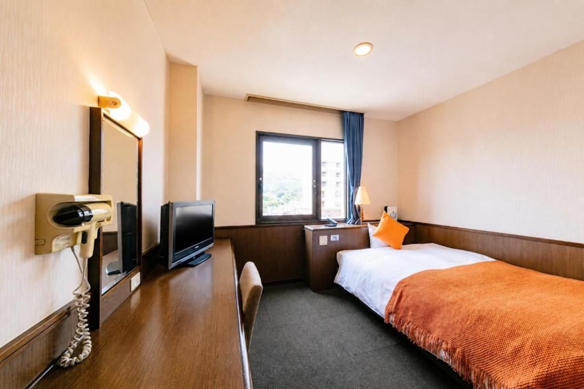 A hotel room with a bed, a desk with a telephone, a television, and a window with curtains.
