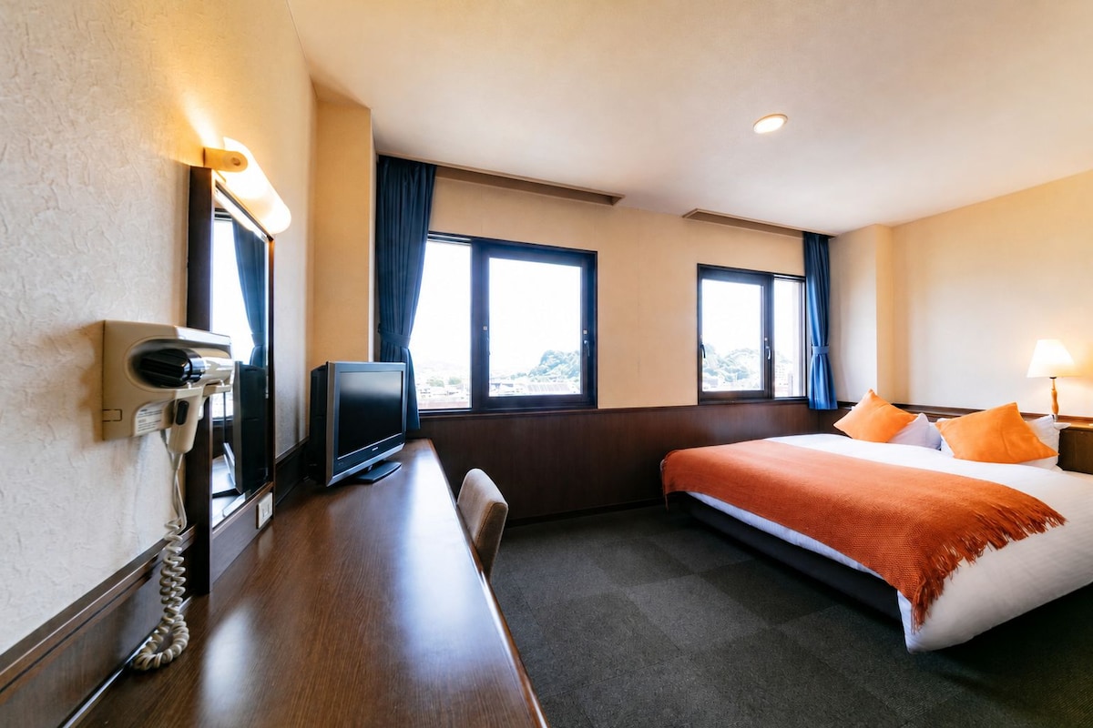 A hotel room with a bed, a desk, a television, and a hairdryer.