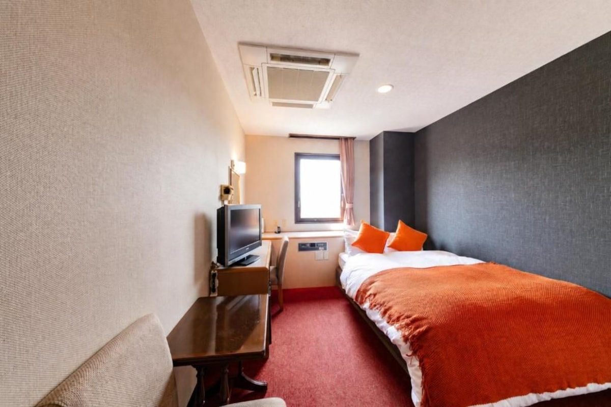 A hotel room with a bed, a desk, a television, and a window.