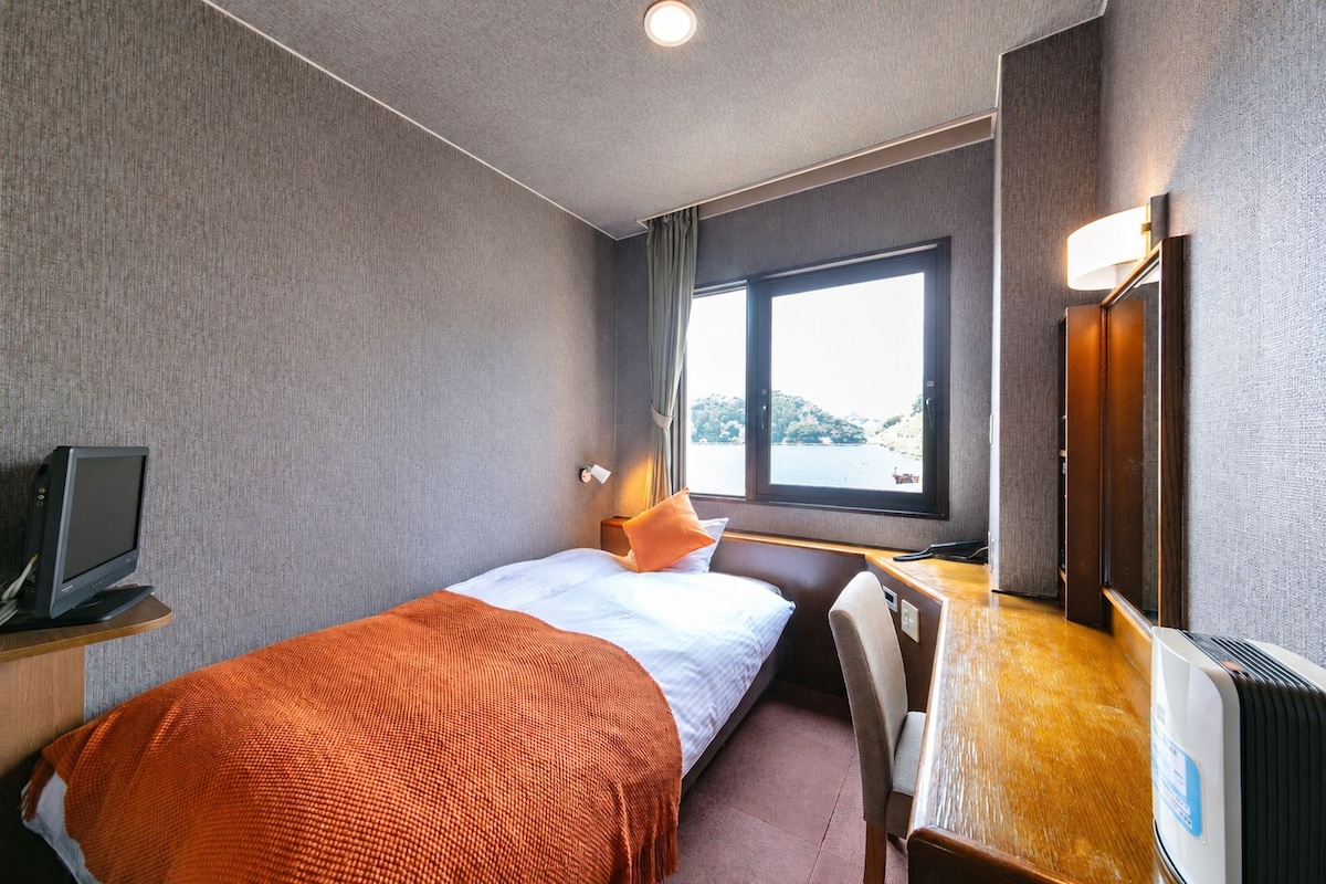 A hotel room with a bed, a desk, a television, and a window with a view.