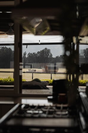 Blick aus einem Gebäude durch ein Fenster auf einen eingezäunten Bereich mit Bäumen und einer Bank.