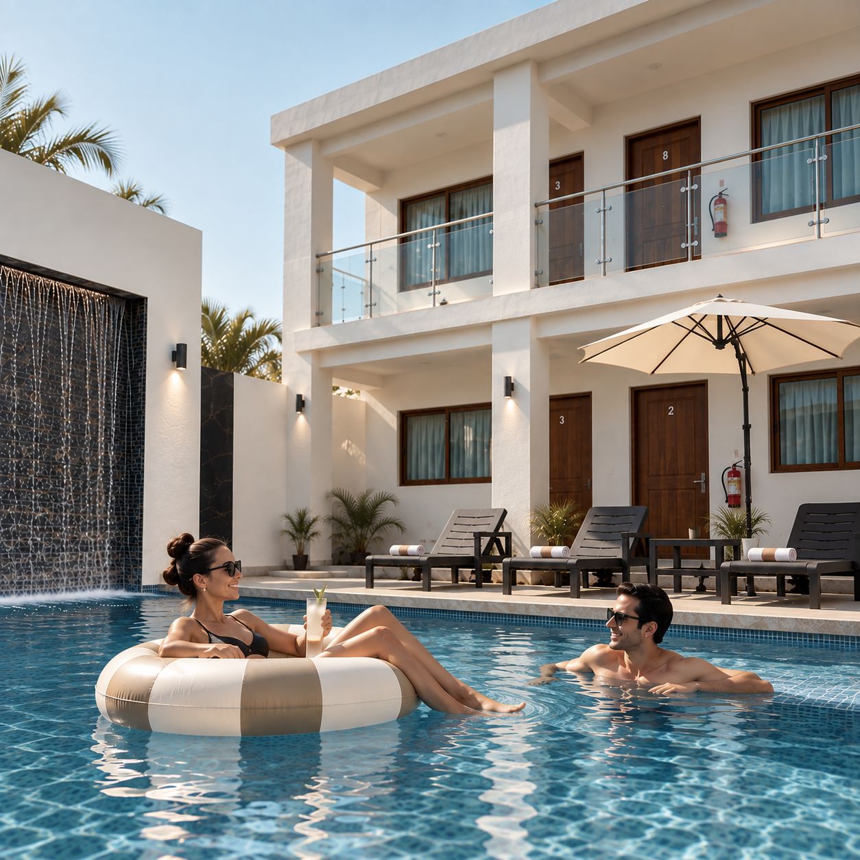 A swimming pool area with lounge chairs and a building with balconies.