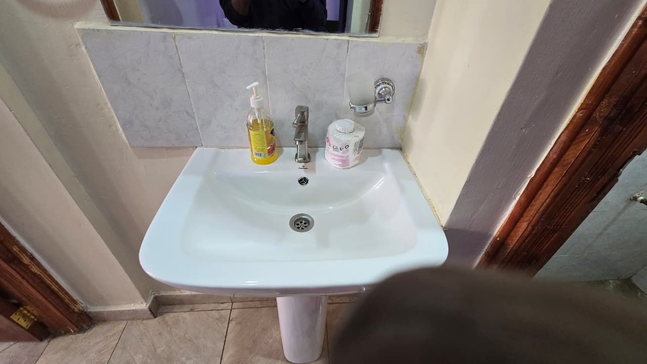 Een wastafel met een spiegel erboven, een zeepdispenser en een fles handdesinfectiemiddel.
