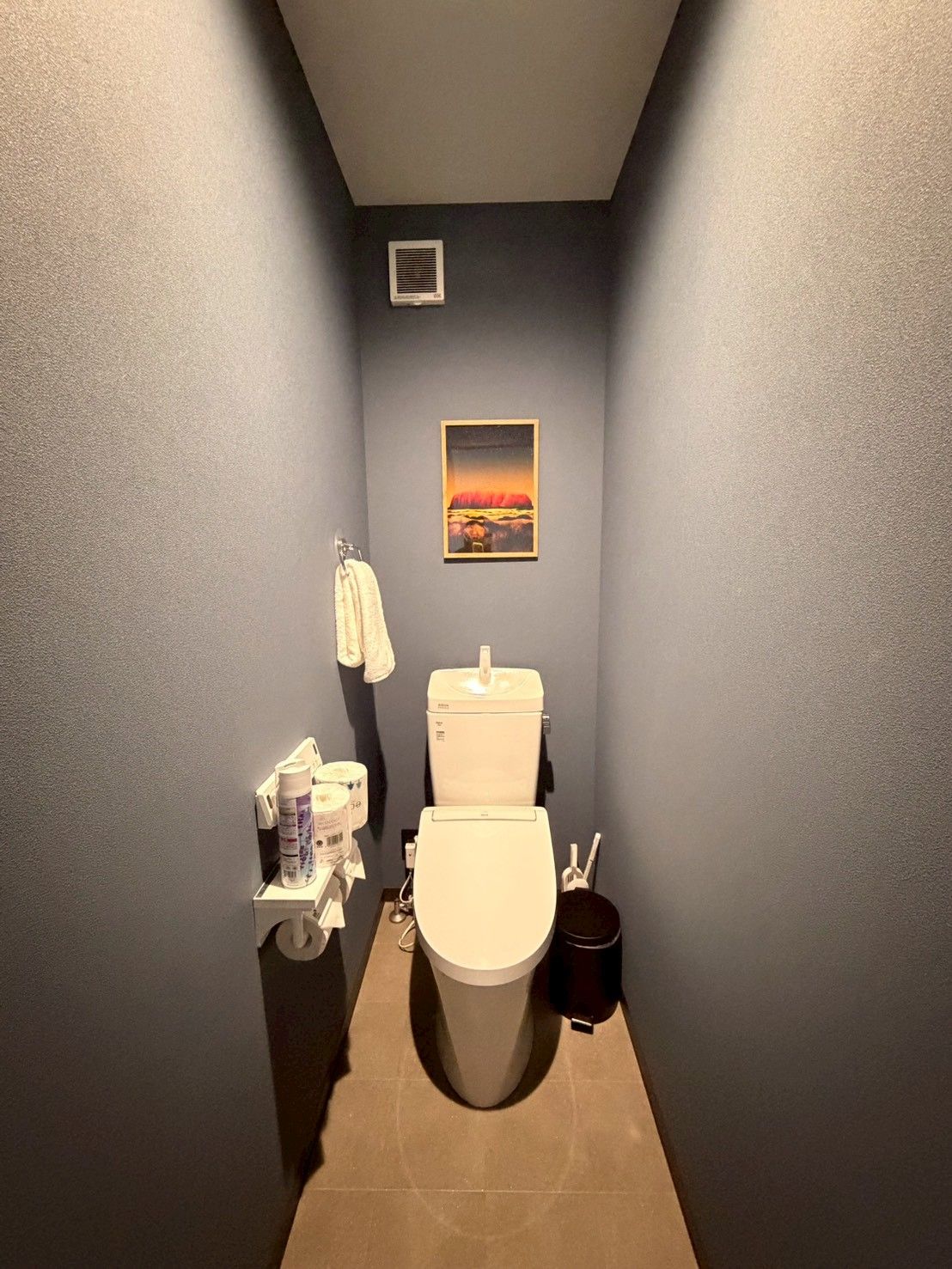 A small bathroom with a toilet, a towel rack, a picture on the wall, and a trash bin.
