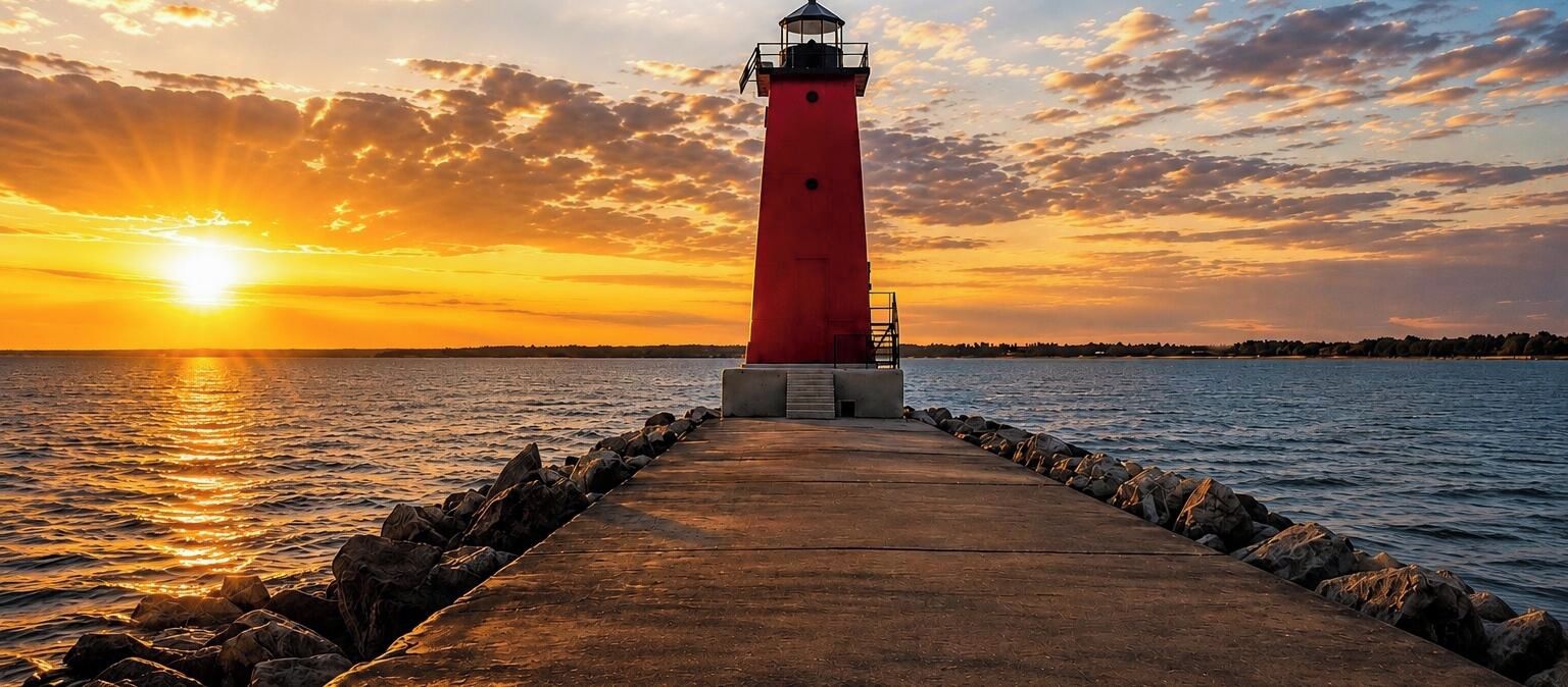 Ein Leuchtturm mit einem Betonweg, der darauf führt, umgeben von Wasser und einem Sonnenuntergangshimmel.