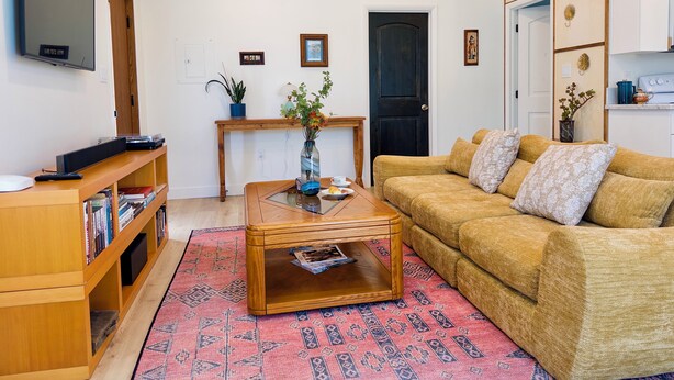 A living room with a sofa, coffee table, bookshelf, and a television. - Cozy brand new 1-bedroom suite in beautiful Carpinteria with AC (Carpinteria)