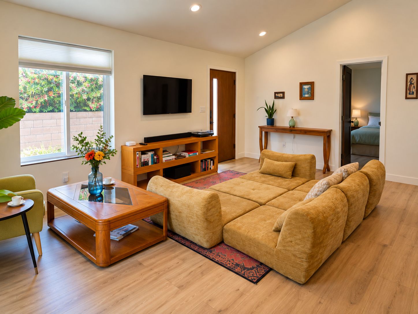 Una sala de estar con sofá, mesa de centro, estantería y televisor de pantalla plana.