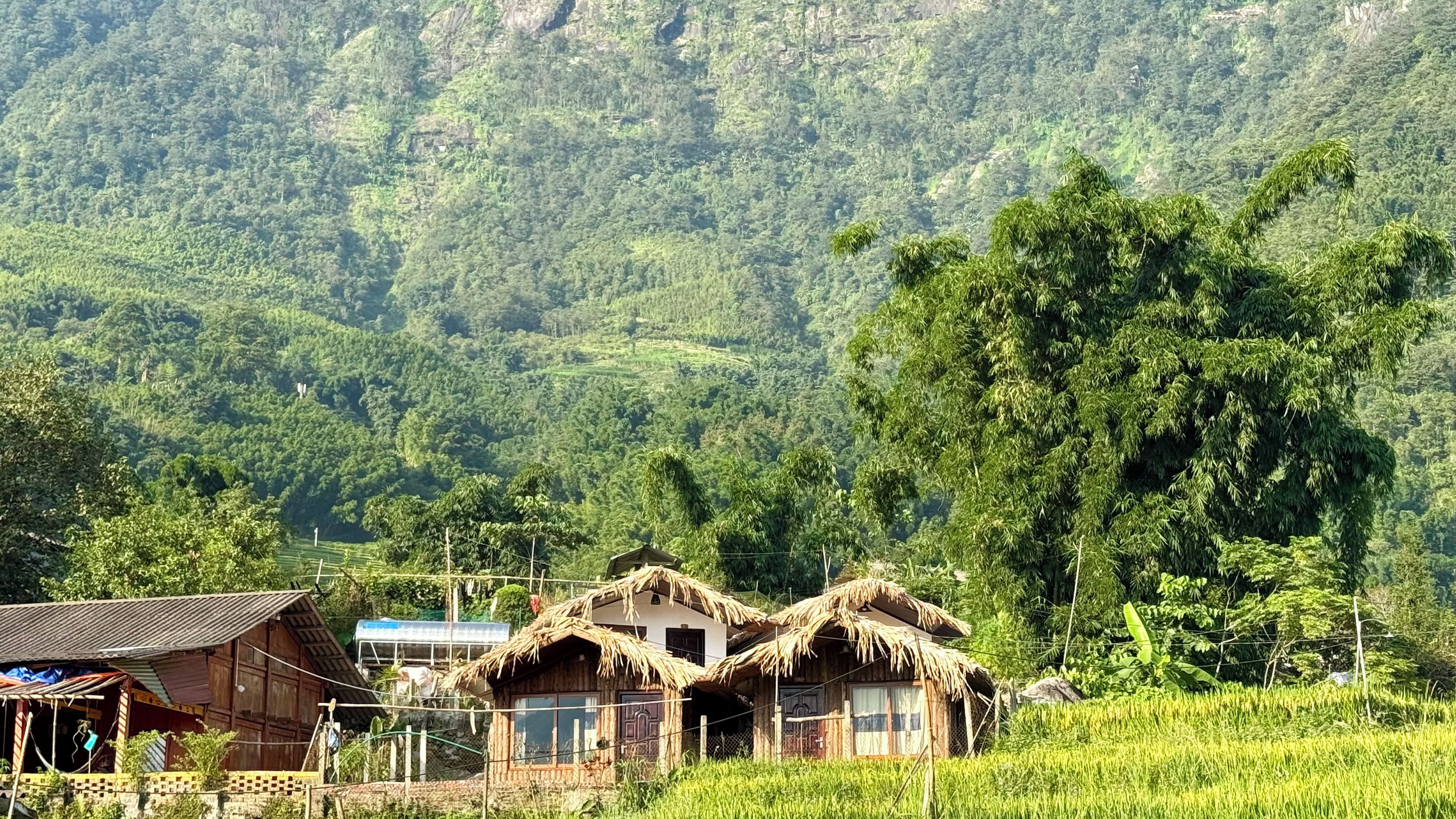 Un pueblo rural con casas tradicionales de techos de paja, rodeado de abundante vegetación y campos en terrazas.