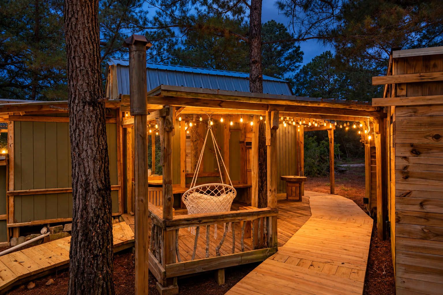 A wooden cabin with a porch, string lights, and a hanging chair.