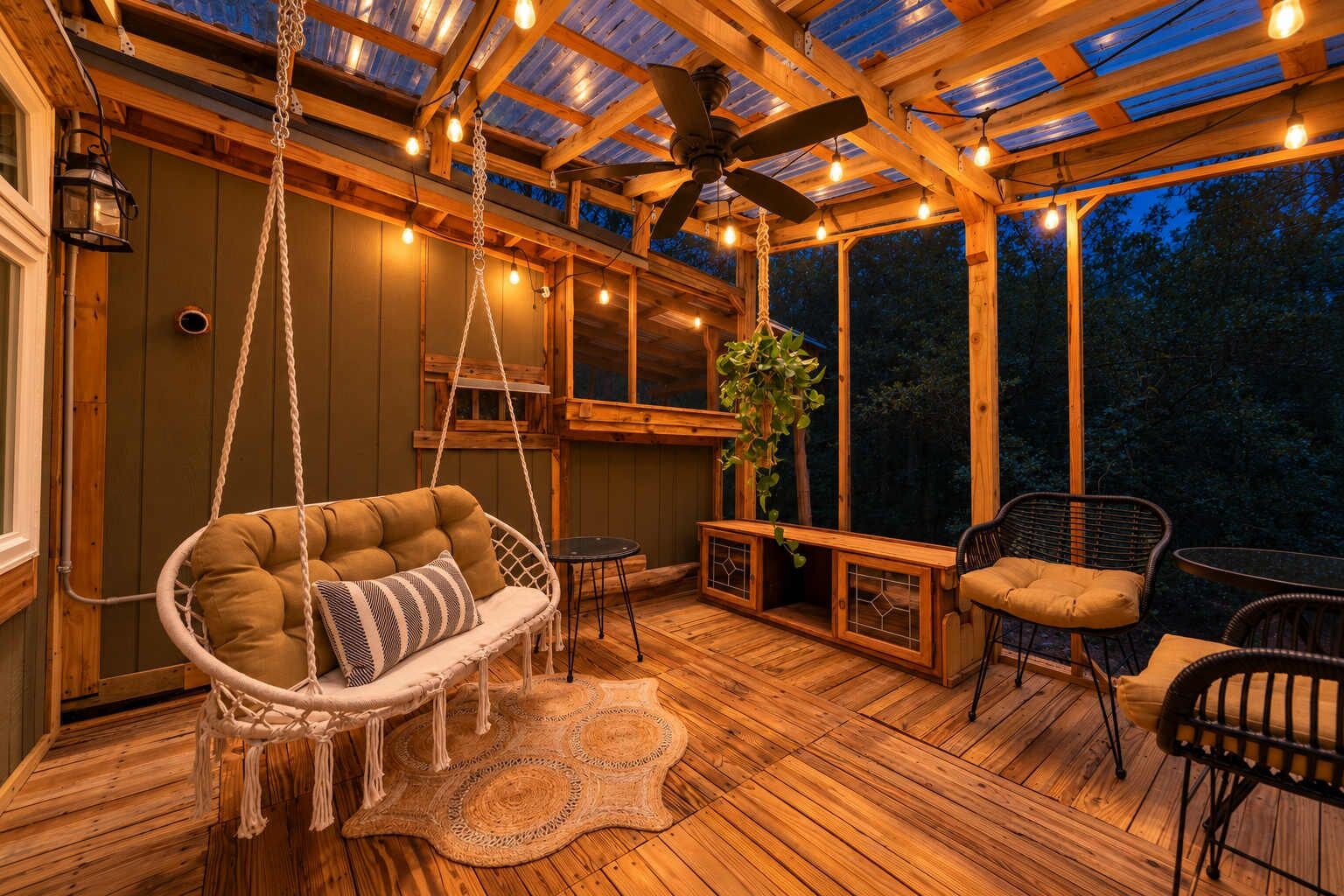 Eine Holzterrasse mit einer Hängematte, einem Tisch mit Stühlen und einem großen Fenster mit Blick auf einen bewaldeten Bereich.