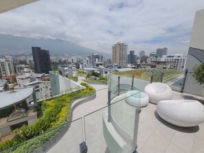 A rooftop garden with modern seating and a glass balustrade overlooking a cityscape. - Luxurious studio apartment in Quito's financial district (Quito)