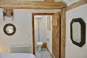 Un dormitorio con cama, techo de madera, espejo y vista al baño.