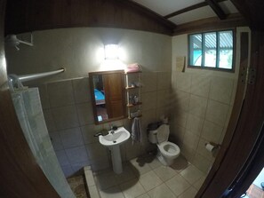 Un baño con inodoro, lavamanos y espejo.