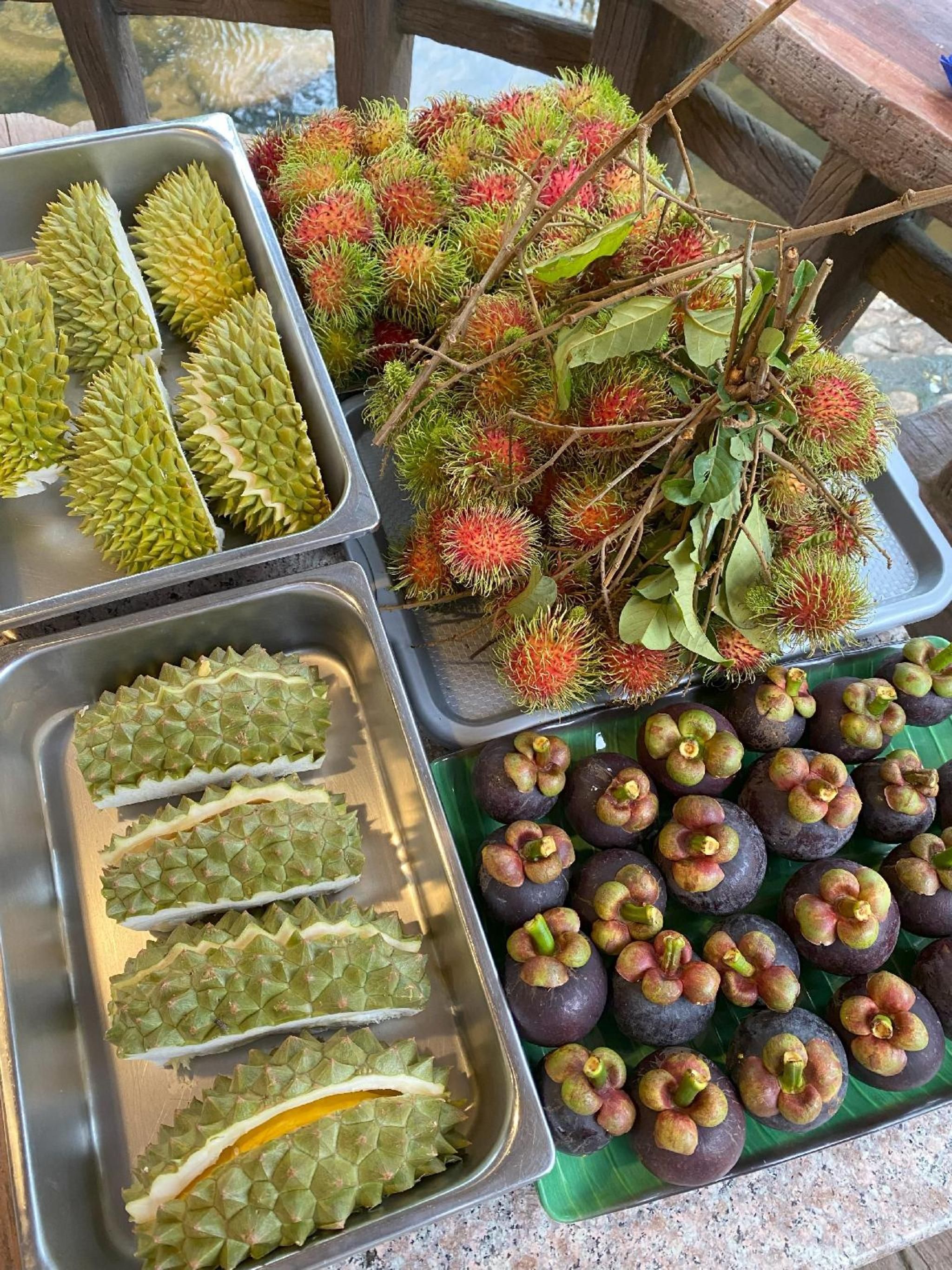 Diversas frutas de durián y mangostán exhibidas en bandejas.