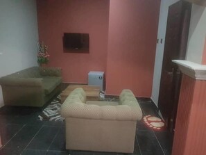 Una sala de estar con un sofá verde, un sofá beige, una mesita y un televisor en la pared.