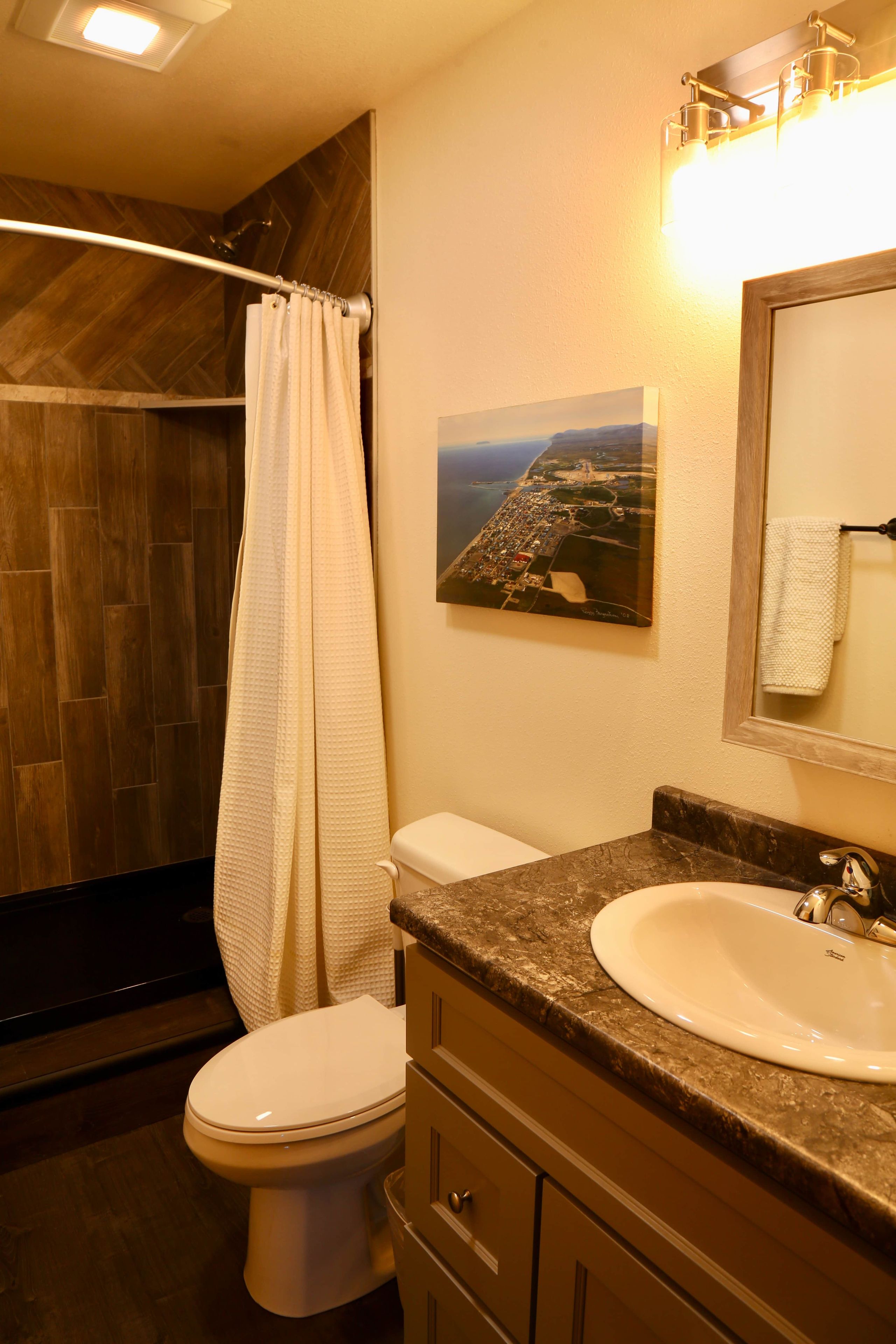 Un baño con ducha, inodoro, lavamanos y un cuadro de un paisaje.