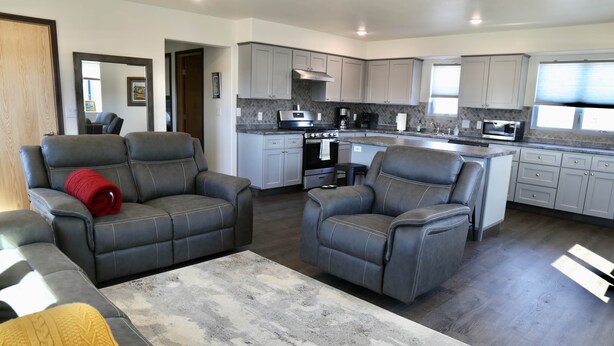 A modern living room with two grey leather sofas, a grey rug, and a kitchen area with grey cabinets and stainless steel appliances.