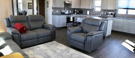 A modern living room with two grey leather sofas, a grey rug, and a kitchen area with grey cabinets and stainless steel appliances.