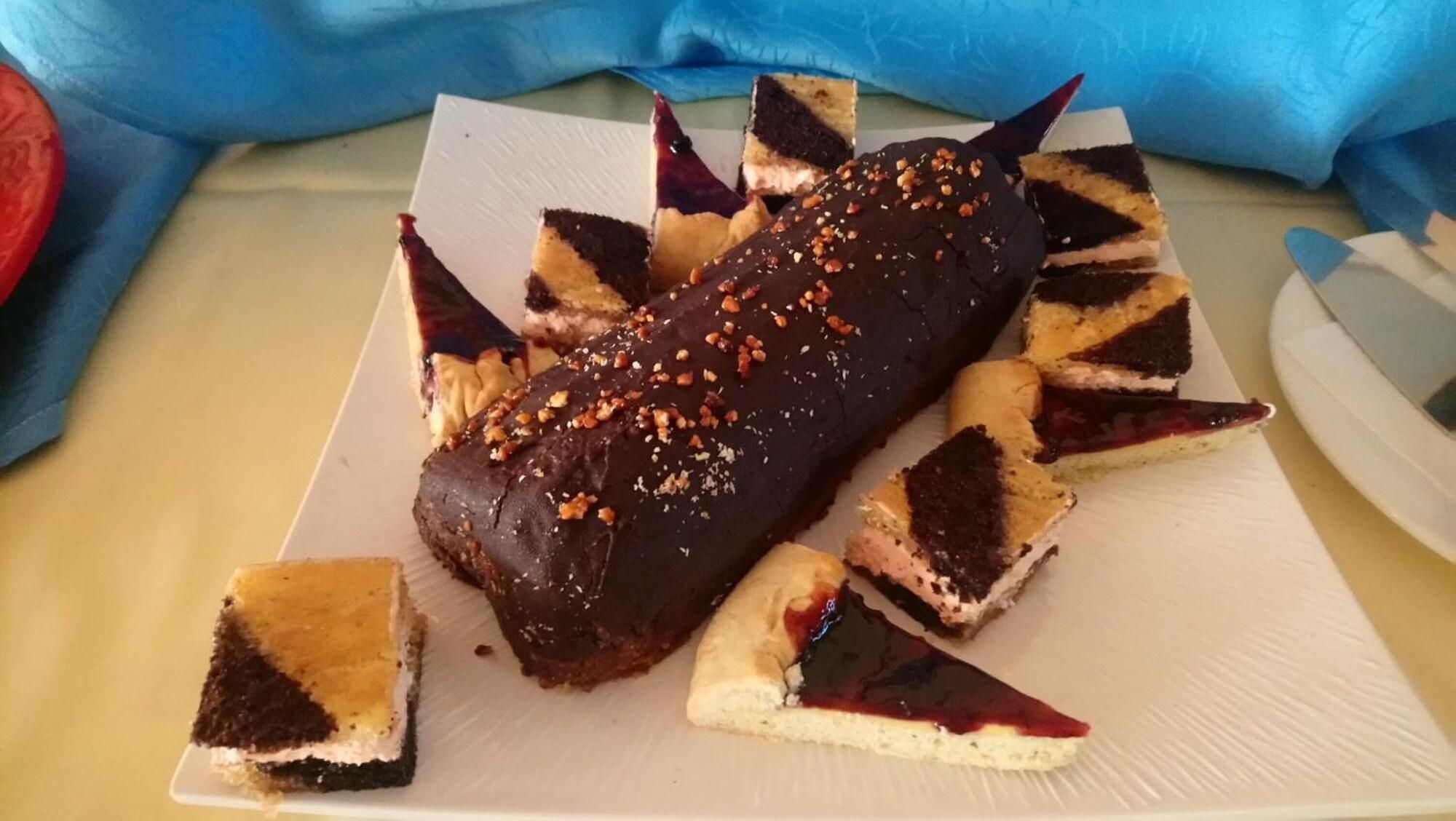 A dessert platter with a chocolate-covered cake and various other desserts on a white plate.