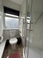 Un baño con inodoro, ducha y ventana.