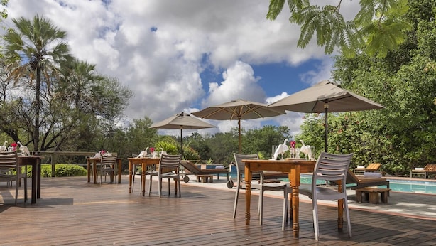 An outdoor pool area with lounge chairs and umbrellas, surrounded by trees and a wooden deck. - Sedia Riverside Hotel (Maun)