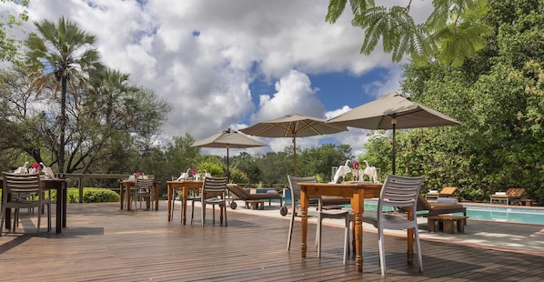 An outdoor pool area with lounge chairs and umbrellas, surrounded by trees and a wooden deck. - Sedia Riverside Hotel (Maun)