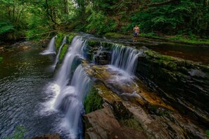 Una cascada en un área boscosa, con una persona de pie sobre un saliente rocoso.