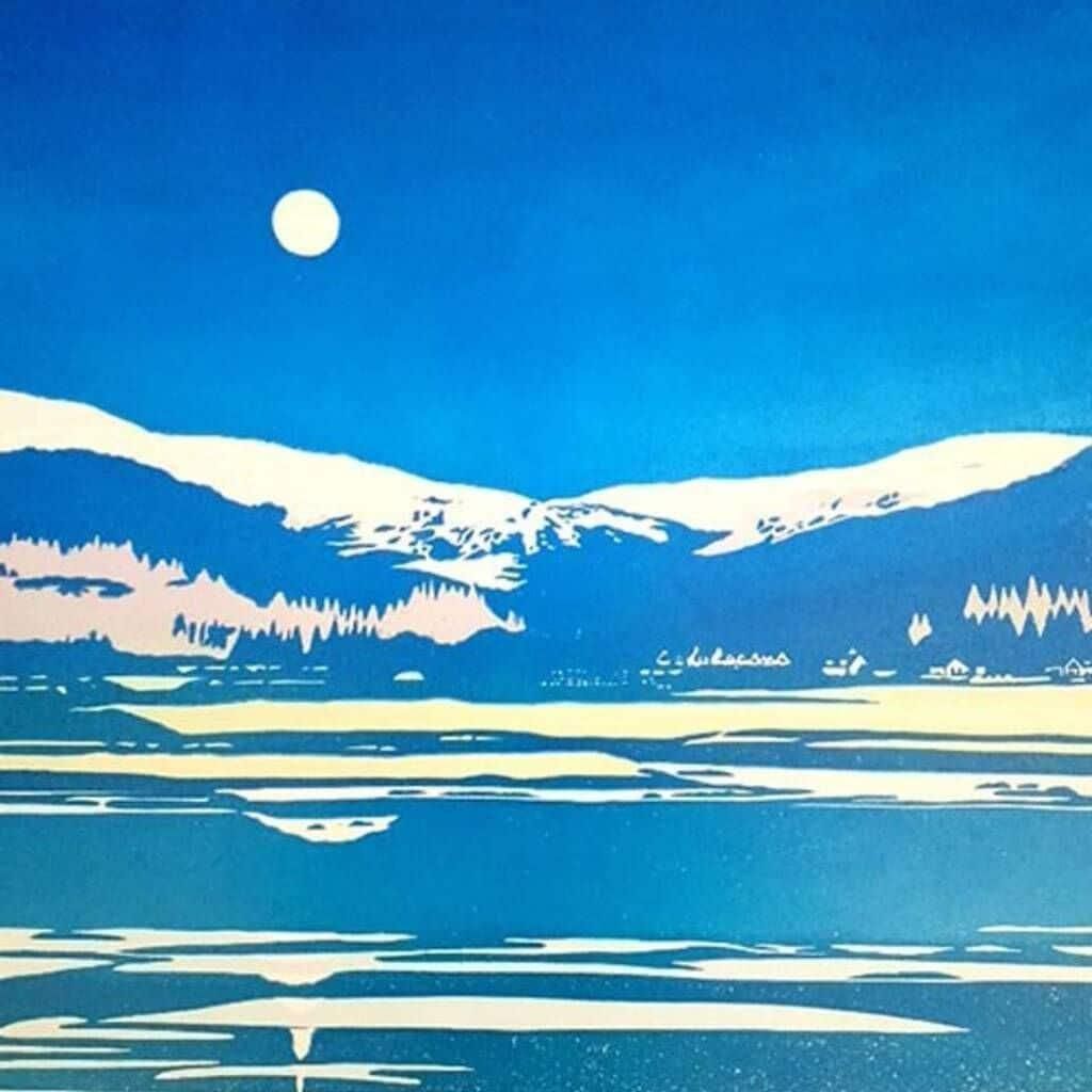 A stylized landscape with a mountain range, a body of water, and a moon in the sky.