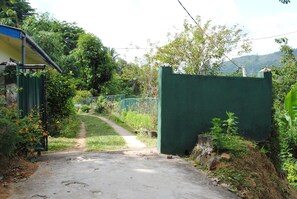 Una entrada protegida con un camino de concreto que atraviesa una zona verde exuberante.