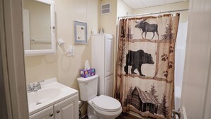 A bathroom with a toilet, sink, mirror, and a shower curtain with animal prints. - River Cabin is in Cascade right on the Missouri River (Cascade)