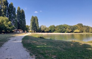 A park with a walking path, a lake, and trees. - Charmant studio au calme (Les Gours)