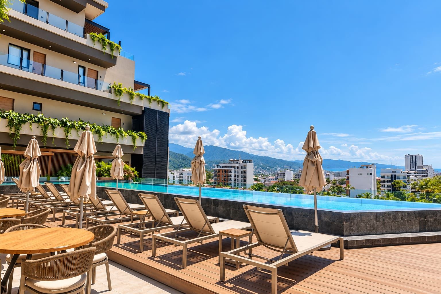 A rooftop pool area with lounge chairs and umbrellas, overlooking a cityscape and mountains.