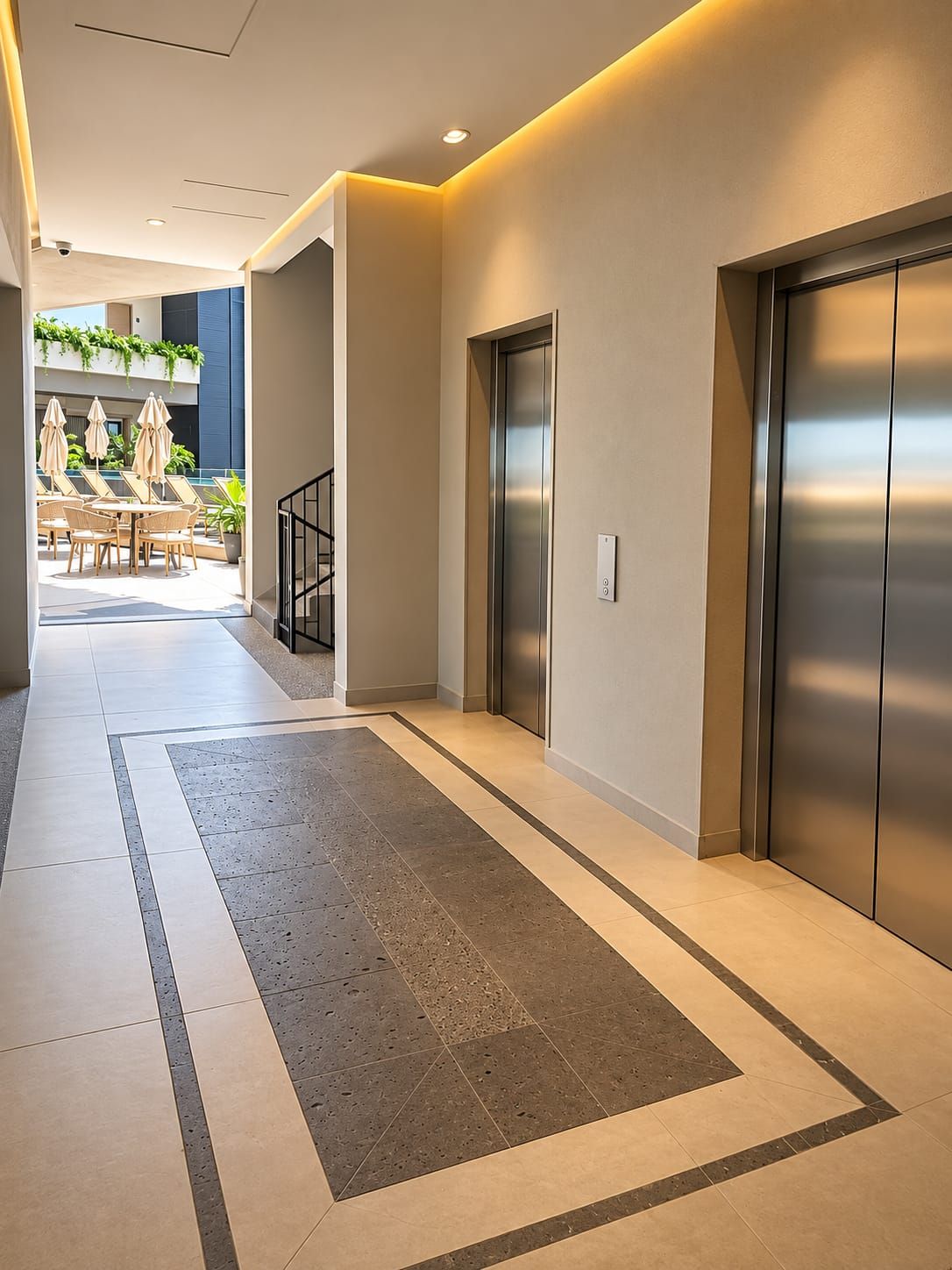 A hotel corridor with a tiled floor, a central elevator, and a seating area with umbrellas.