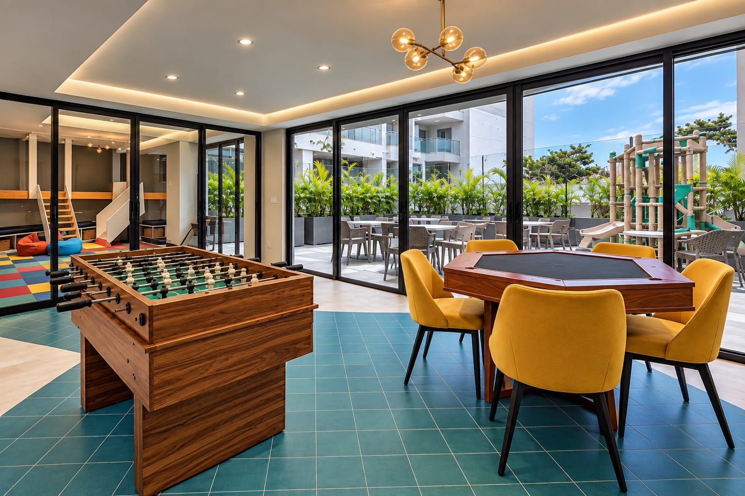 A room with a foosball table, a pool table, and yellow chairs.