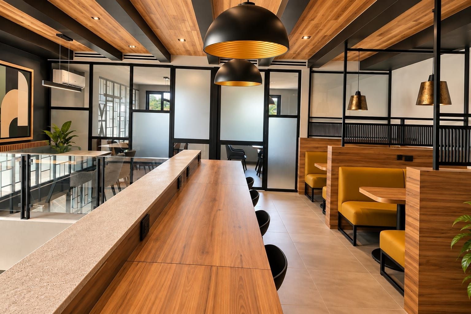 A modern interior with a long wooden table, yellow chairs, and black pendant lighting.