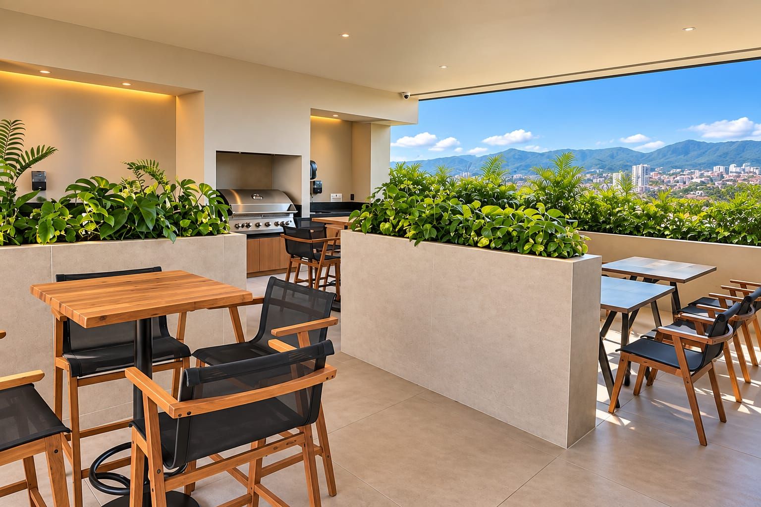 An outdoor dining area with wooden tables and chairs, a grill, and a view of a cityscape and mountains.