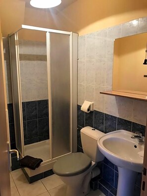 Casa de banho com chuveiro, sanita, lavatório e um porta-toalhas.