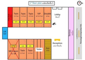 Plattegrond van de eerste verdieping met aangeduide ruimtes, waaronder tweepersoonskamers, VIP-kamers, dubbele kamers, een lobby en een terras.