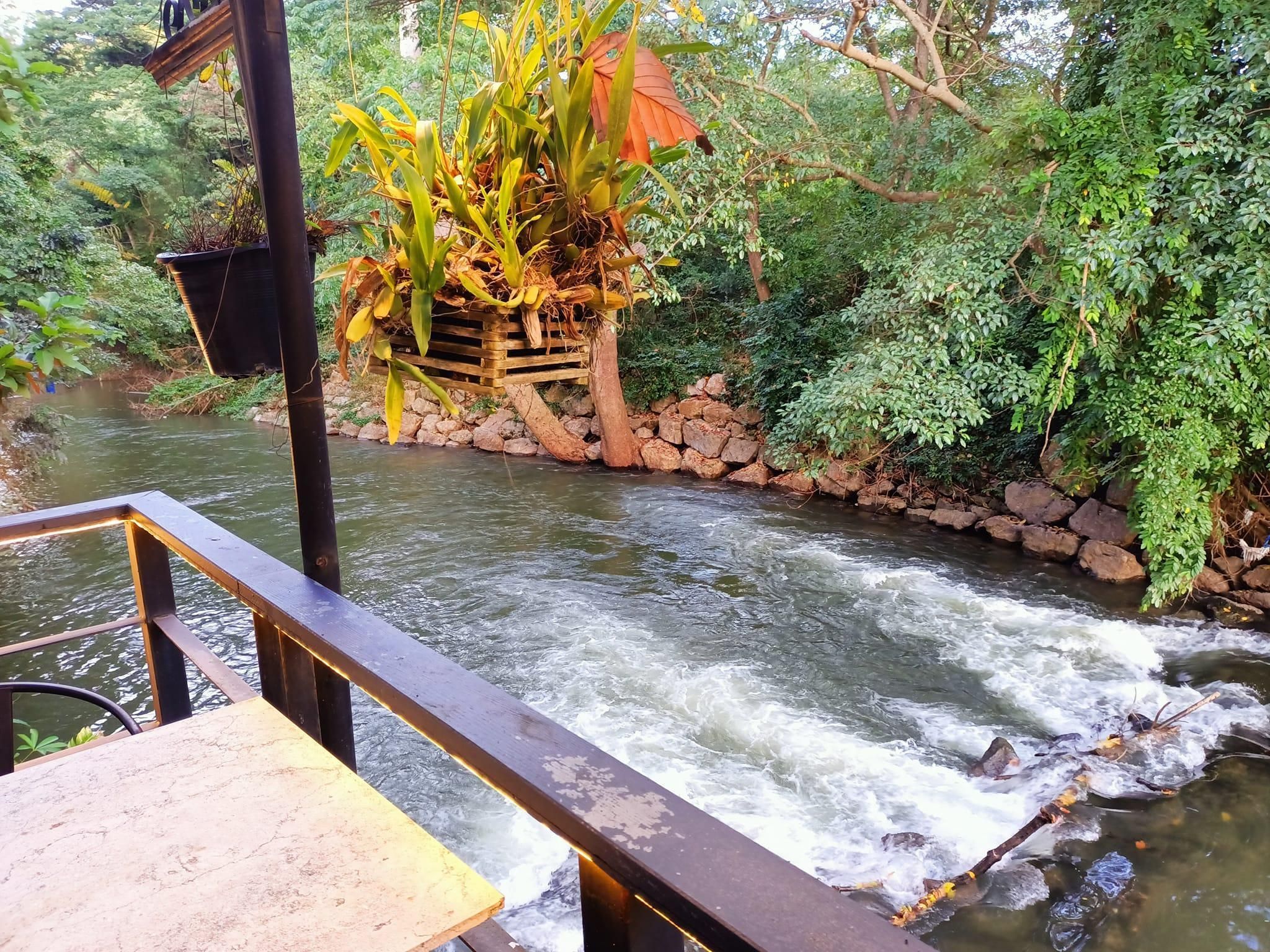 A river flowing through a lush, green landscape with a wooden structure and a metal railing in the foreground.