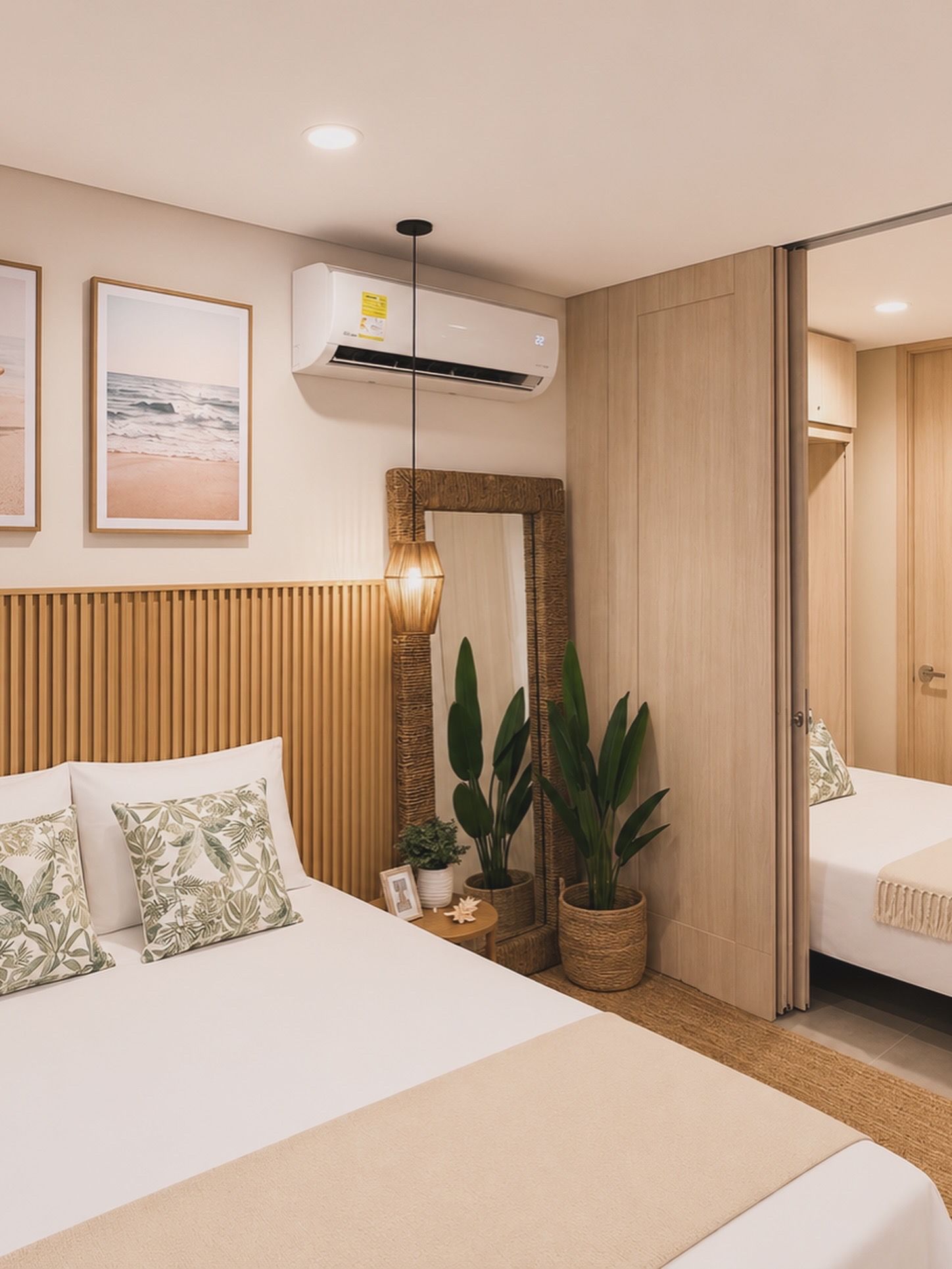 A modern hotel room with a bed, bedside table, potted plants, a mirror, and an air conditioning unit.